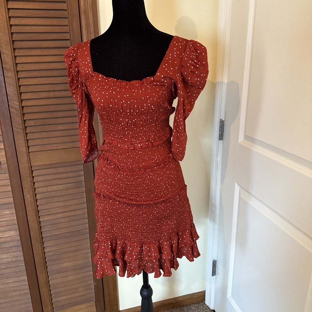 Olivaceous Smocked Puff Sleeve Mini Dress Burnt Orange Polka Dot‎ Size Medium